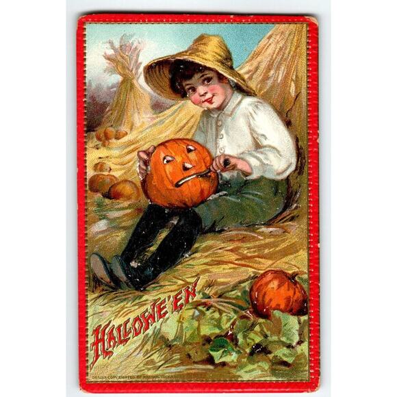 Antique Tucks Halloween Postcard 1910 Embossed Boy Carving JOL Series 174 - Picture 1 of 2